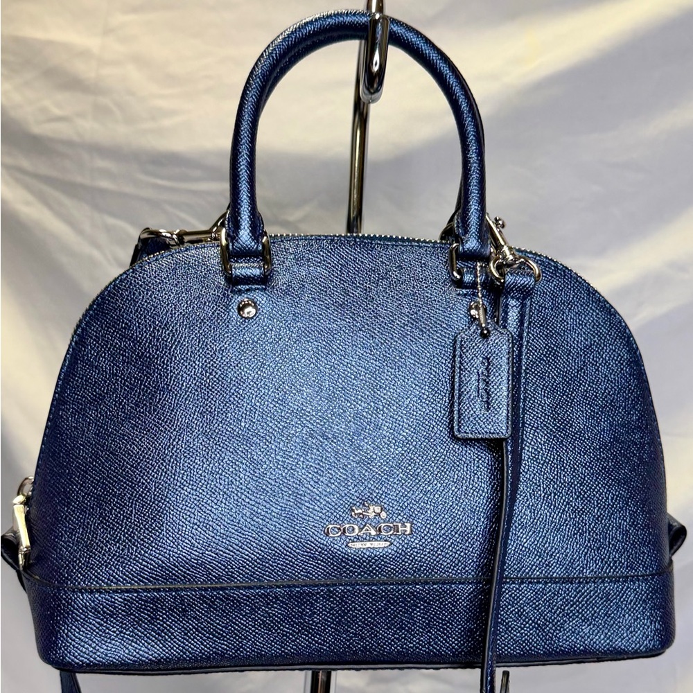 COACH Sierra Metallic Navy Blue Crossgrain Dome Satchel Crossbody Bag; MINI SIZE